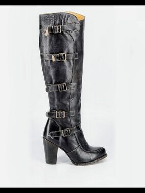 Bed Stu Black Leather Knee-High Lace Up Buckle Boots
